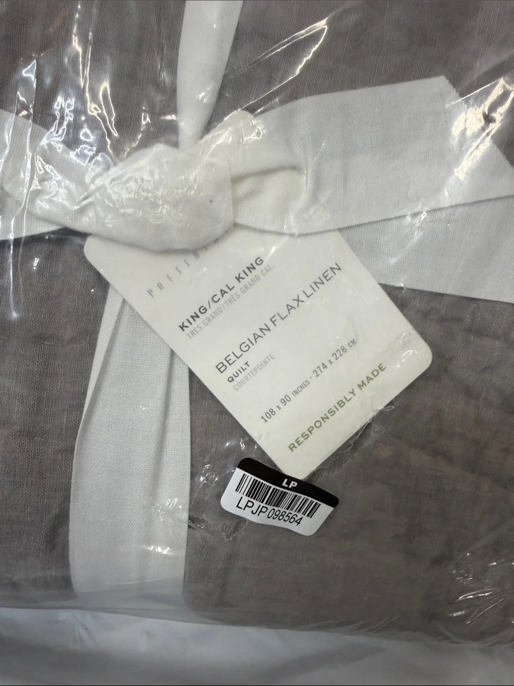 Pottery Barn Belgian Flax Linen Handcrafted Quilt KING / CAL Warm Gray NWT
